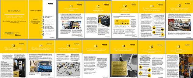 A visualisation of white paper content showing each page in a white paper that discusses RFID in car manufacturing