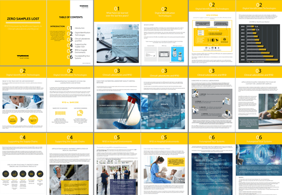 A picture showing all pages of a white paper available on the topic of RFID for healthcare and pharma 